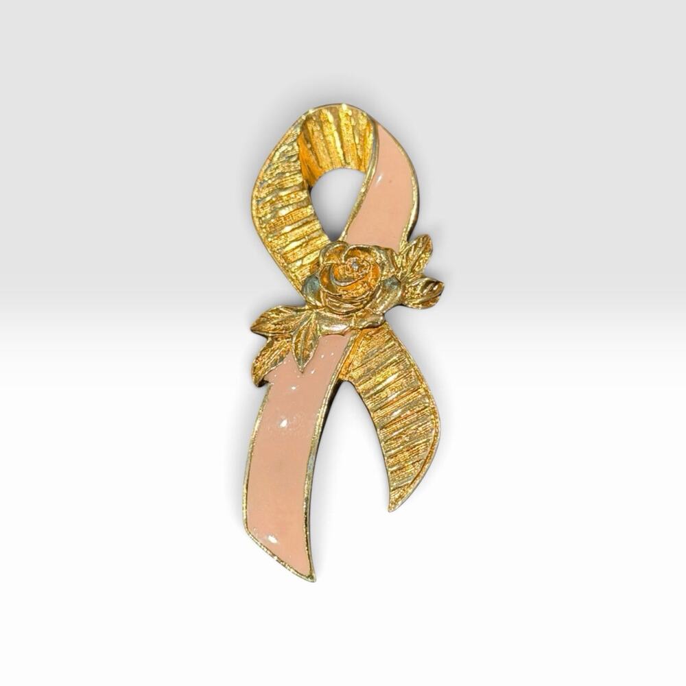 Vintage 90s Avon Breast Cancer Pink Ribbon Brooch Pin Awareness Gold Tone 2"